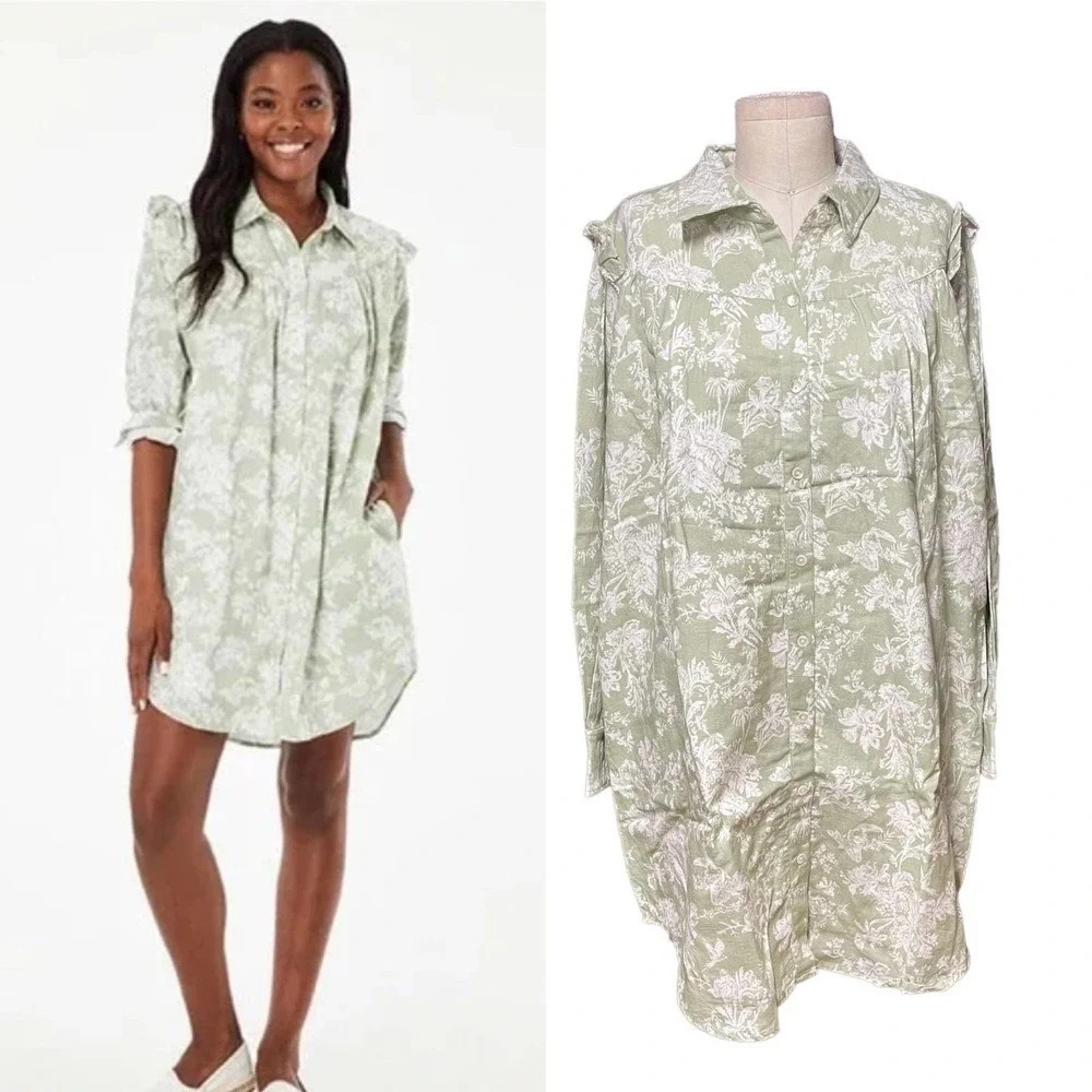 Roller Rabbit‎ Caxias Darya Dress Sage Green White Floral Size Large
